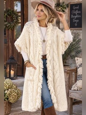 Chunky Cable Knit Sweater Vest Cardigan with Loopy Fringe Trim Boho Cottagecore